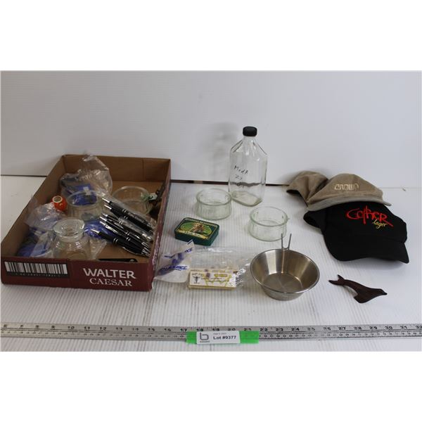 (2) Baseball Caps, Assorted Glassware, Natural Unrefined Hemp Rolling Papers, Misc.