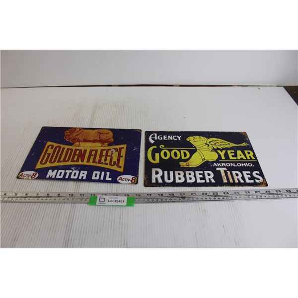 (2) Tin Signs (Golden Fleece Motor Oil, Agency Good Year Rubber Tires) - 12  x 8 