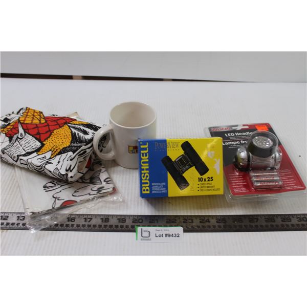 LED Headlamp, Mug, Binoculars, and (2)Novelty Fishing Cloths