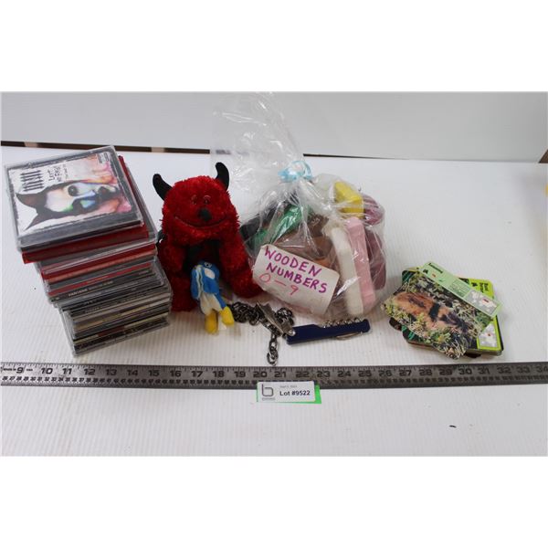 (19)CDs, Stuffed Devil, Wooden Numbers and Other Items