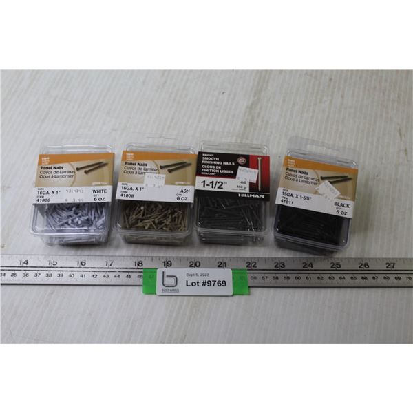 (4) Packs of Nails (1) 1 1/2" Smooth Finish Nails - (2) 1" Panel Nails - 1 5/8" Panel Nails