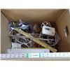 Image 1 : Box of Variety-Electrical, Metal hanger Brackets, Halogen Light, Door Knobs ,Cords, Thermostat