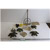 Image 1 : Assorted Yard Decorations - (4) Frogs (Untested, One has Broken Leg), (2) Signs