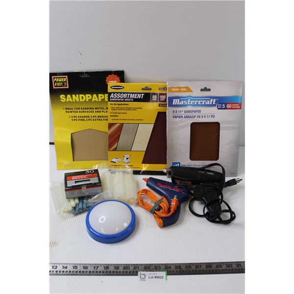 (2) Glue Guns, Glue Sticks, (3) Sand Paper