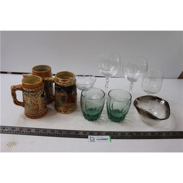 (6) Assorted Glasses (3) Decorative Beer Mugs, +Misc.