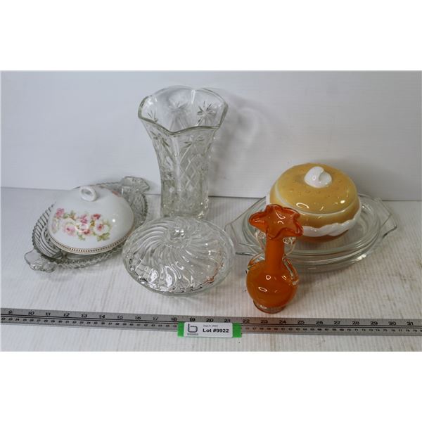 Glass Dish w/Lid - Oval Glass Lids - (2) Vase - Oval Glass Lids Divided Glass Tray