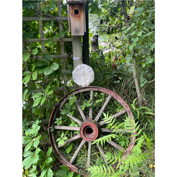 Wagon Wheel. Bird Feeder, Dragonfly Plaque