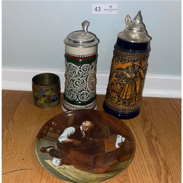Antique Collectibles - Two Beer Steins, Collectors Plate, And Metal Container.