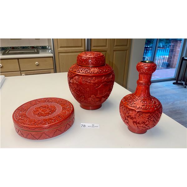 Cinnobar Chinese Carved Containers 2"H, 9"H, 9"H