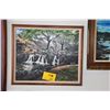 Image 1 : KOA FRAMED MIXED MEDIA (ACRYLIC, MARBLE & WOOD), "WATERFALL AT LILIUOKALANI BOTANICAL GARDENS"; SIGN