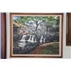 Image 2 : KOA FRAMED MIXED MEDIA (ACRYLIC, MARBLE & WOOD), "WATERFALL AT LILIUOKALANI BOTANICAL GARDENS"; SIGN