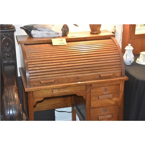 ANTIQUE OAK ROLL TOP DESK W/2 DRAWERS