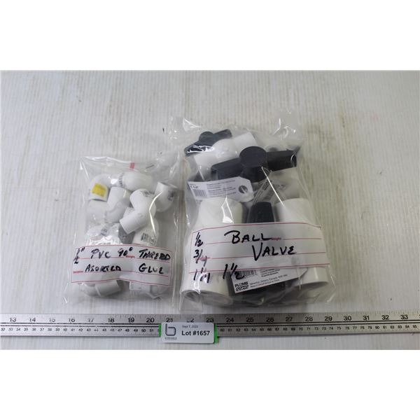 Bag of 1/2, 3/4, 1 1/4, 1 1/2, Ball Valves + Bag of 1/2" PVC 90 Degrees Thread Assorted Glue