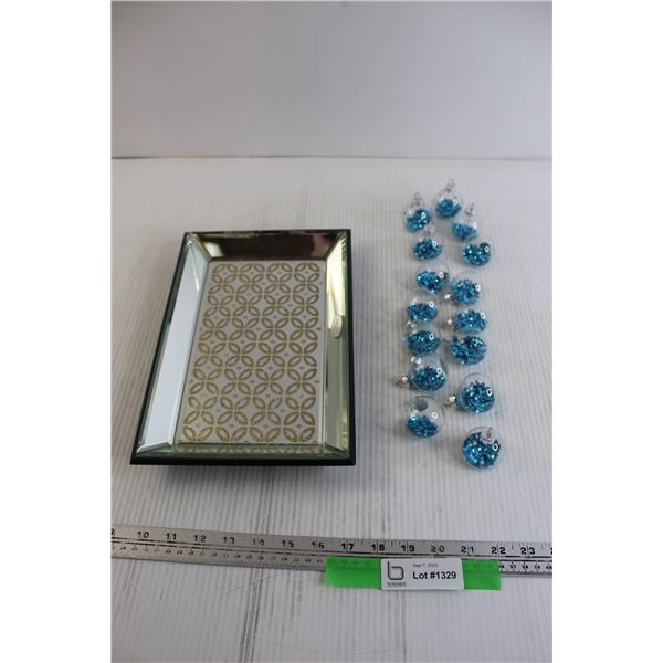 (15) Clear Ornaments with Blue Stars, Trinket Holder/Tray