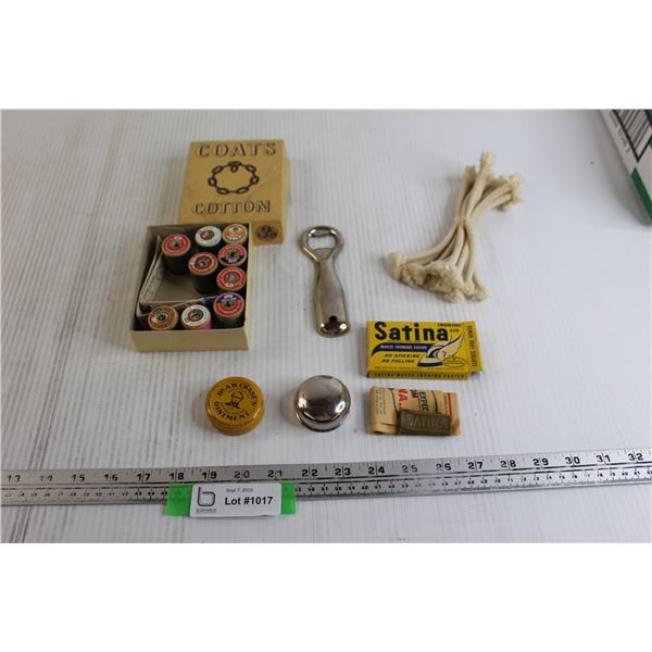 (9) Spools of Thread, Vintage Satina Ironing Aid Box with Contents, Misc.