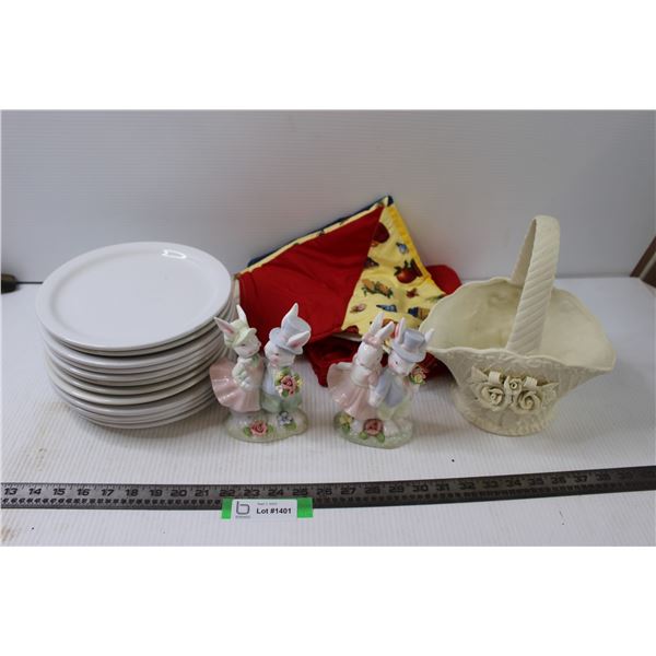 (12) Plates, Fabric Plate Mats, (2) Bunny Statues, Basket Statue