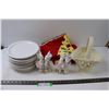 Image 1 : (12) Plates, Fabric Plate Mats, (2) Bunny Statues, Basket Statue