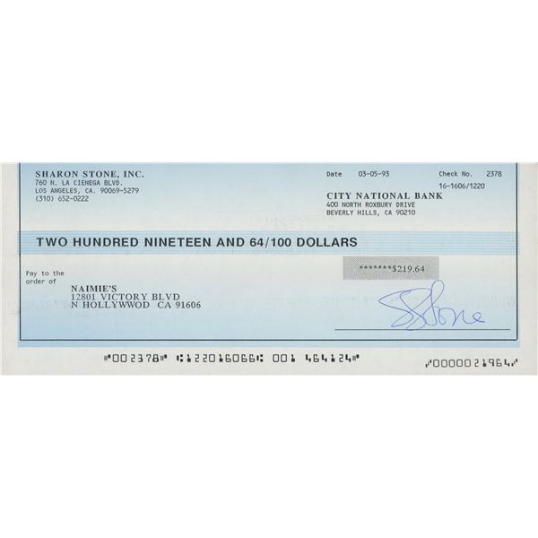 Sharon Stone signed check