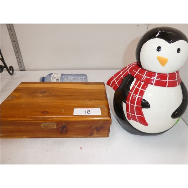 wooden box w/ constume jewelery, penguin