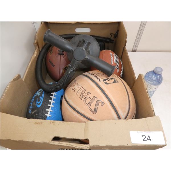 basketball, footballs, air pump
