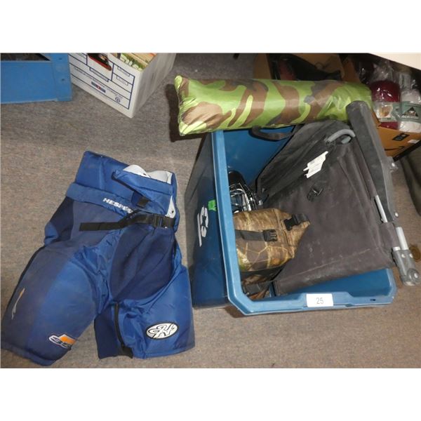 hockey pants, folding chair, insulated bags, tent