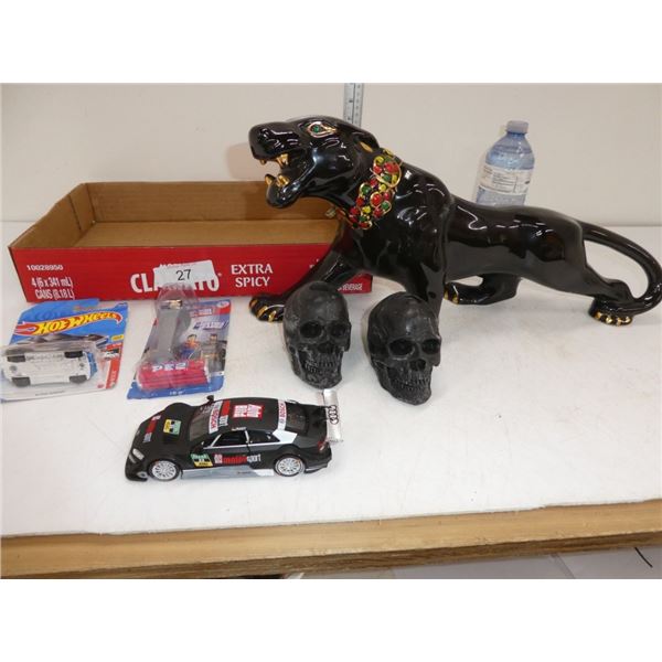 decorative jaguar, skulls, Hot Wheels toy car,