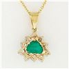 Image 6 : 14k Yellow Gold Trillion Green Emerald Solitaire & Diamond Halo Pendant Necklace