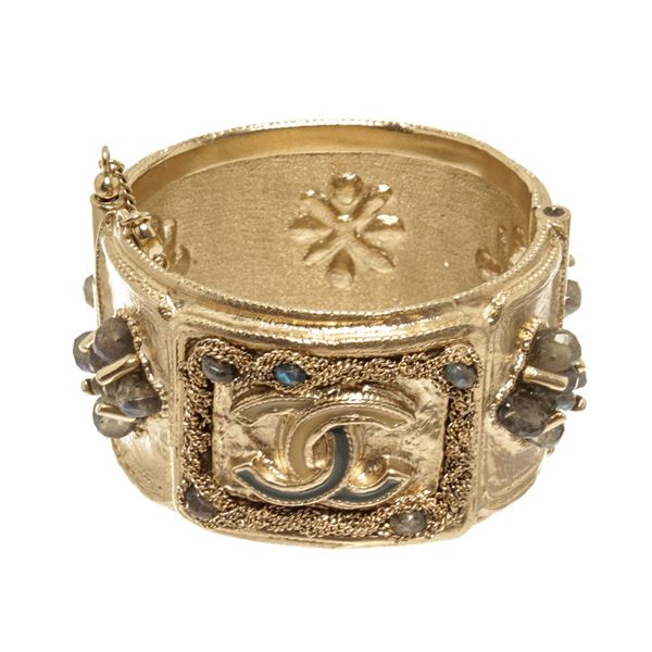 Chanel Gold-tone Calfskin & Labradorite CC Wide Cuff Bangle