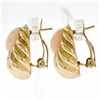Image 3 : Large 14K Yellow Gold Oval Angel Skin Coral Fluted Grooved Ribbed Omega Earrings