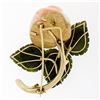 Image 2 : Vintage 14K Yellow Gold Carved Pink Coral Rose Flower w/ 3 Jade Leaf Brooch Pin
