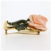 Image 5 : Vintage 14K Yellow Gold Carved Pink Coral Rose Flower w/ 3 Jade Leaf Brooch Pin