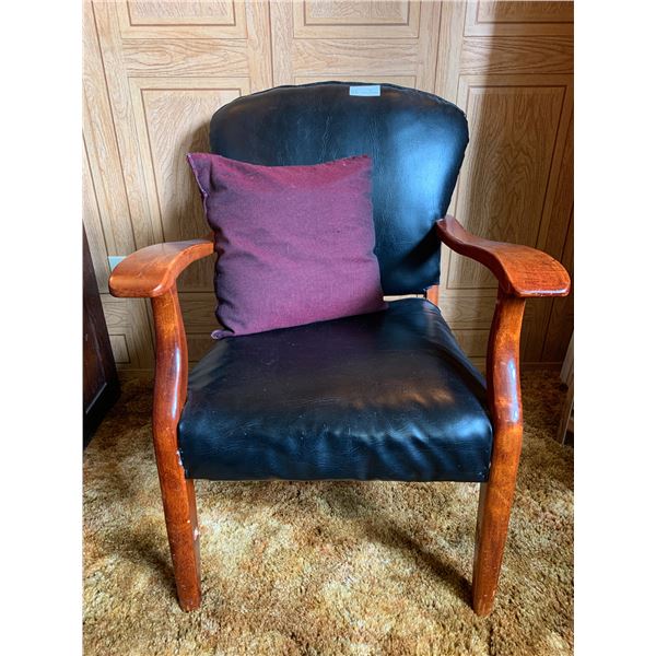 Antique Wood and Leather Arm Chair and Pillow 26W x 32T x 20D