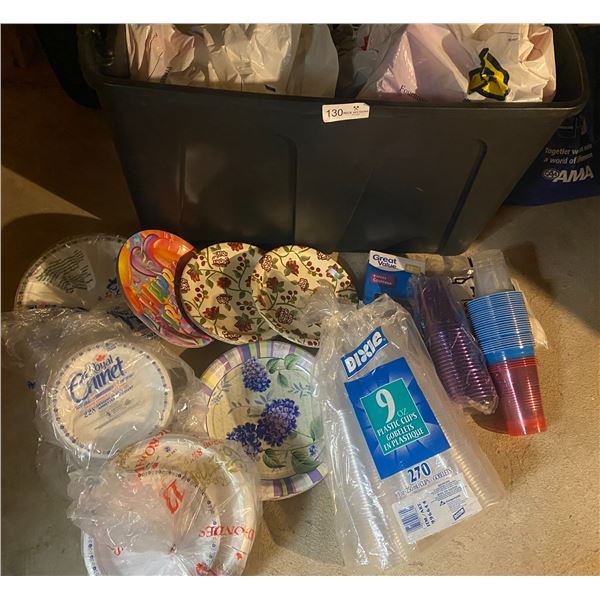 Large Tote of Cups, Paper Plates and Plastic Cuttlery