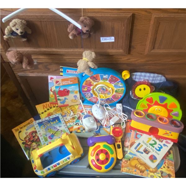 Tote of Assorted Baby Toys, Books and Baby Monitor