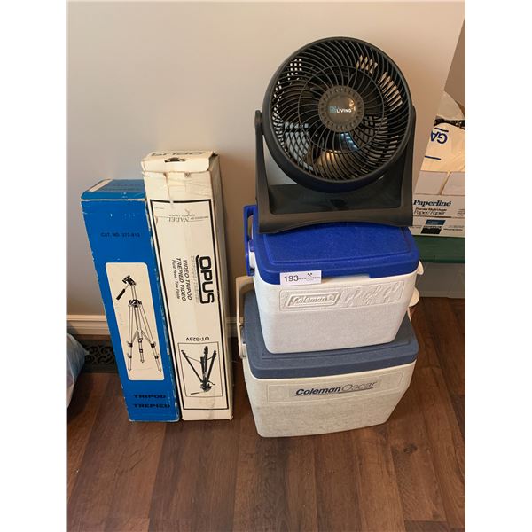 Pair of Coleman Coolers and Pair of Tripods