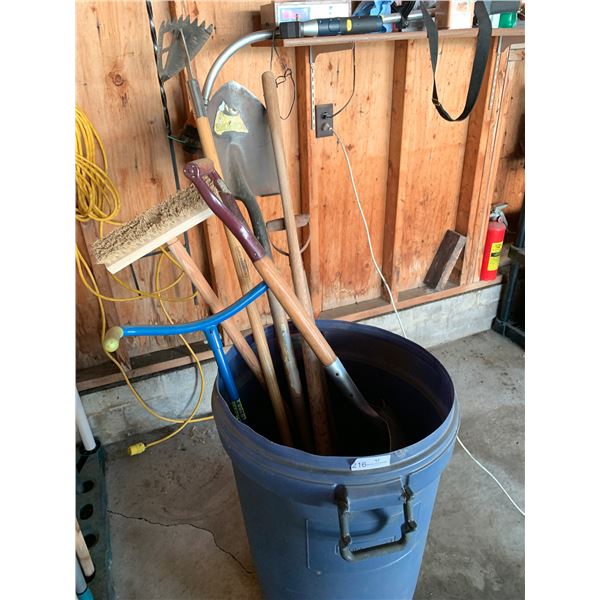 Assorted Garden Tools in Rubbermaid Garbage Can