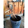 Image 1 : Assorted Garden Tools in Rubbermaid Garbage Can