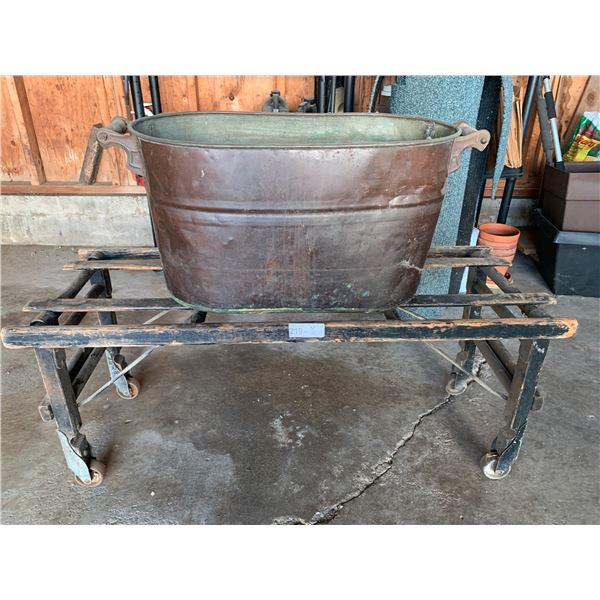 Copper Wash Basin and Wood Bench w/ Wheels