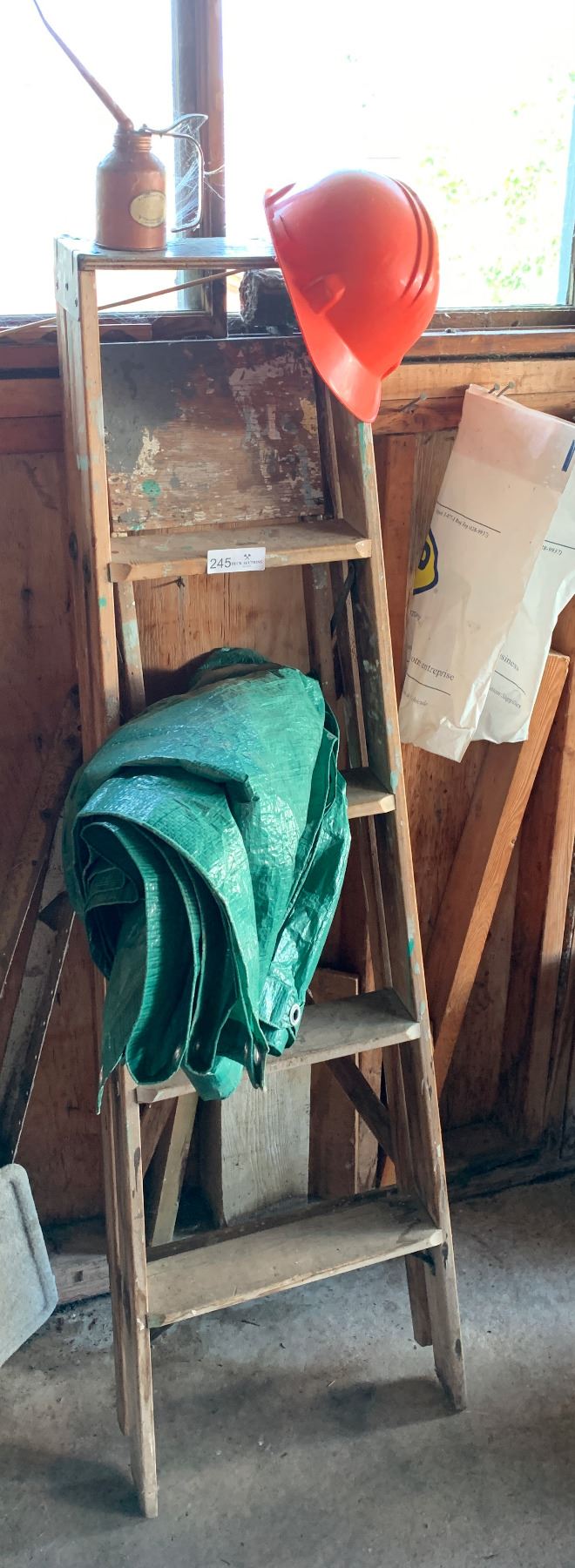 Hard Hat, Tarp 8x12, Step Ladder 5ft, and Vintage Oil Can