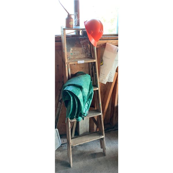 Hard Hat, Tarp 8x12, Step Ladder 5ft, and Vintage Oil Can
