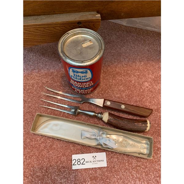 Glass Knife, Serving Forks and Vintage Blue Ribbon Tin