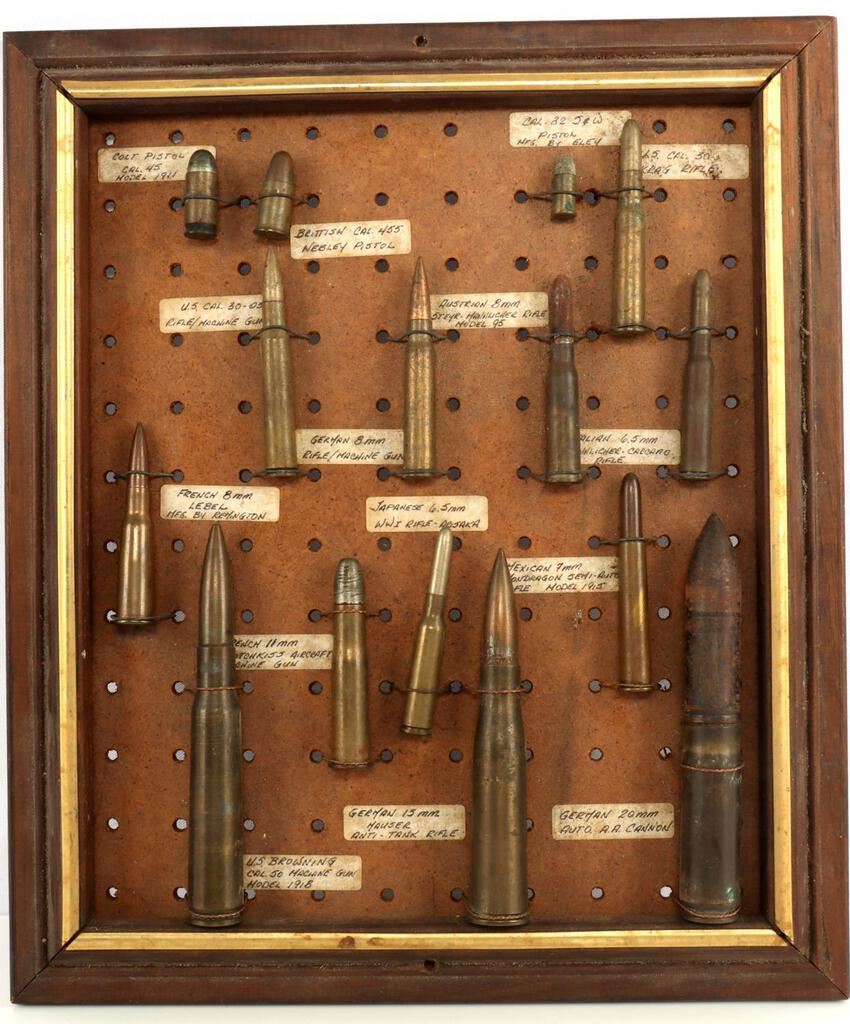 Display Military Rounds WWI & WWII AMMO DISPLAY LEBEL MAUSER ARISAKA COLT