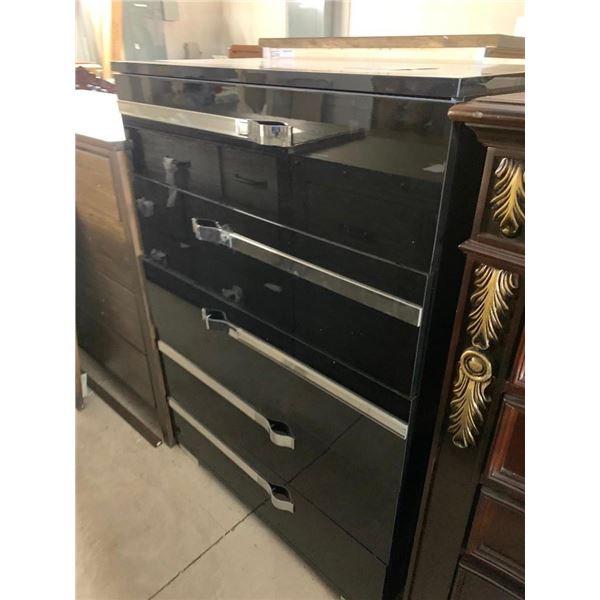 5 Drawer Black Laquer and Silver Dresser