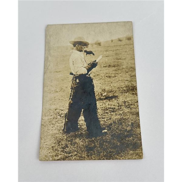 1912 RPPC of Cowboy in Chaps with Revolver