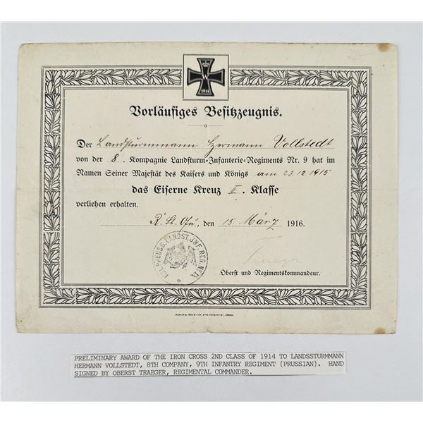 WWI WW1 German Iron Cross Award Certificate