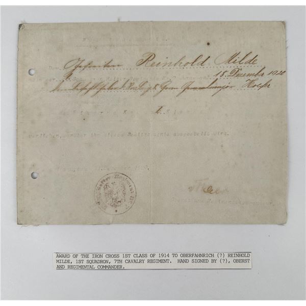 WWI WW1 German Iron Cross Award Certificate