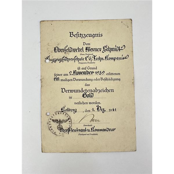 WW2 German Gold Wound Badge Certificate
