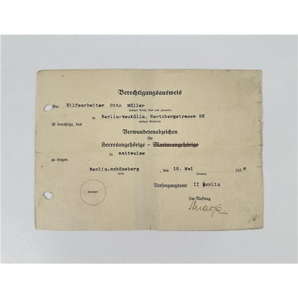 WW2 German White Wound Badge Certificate