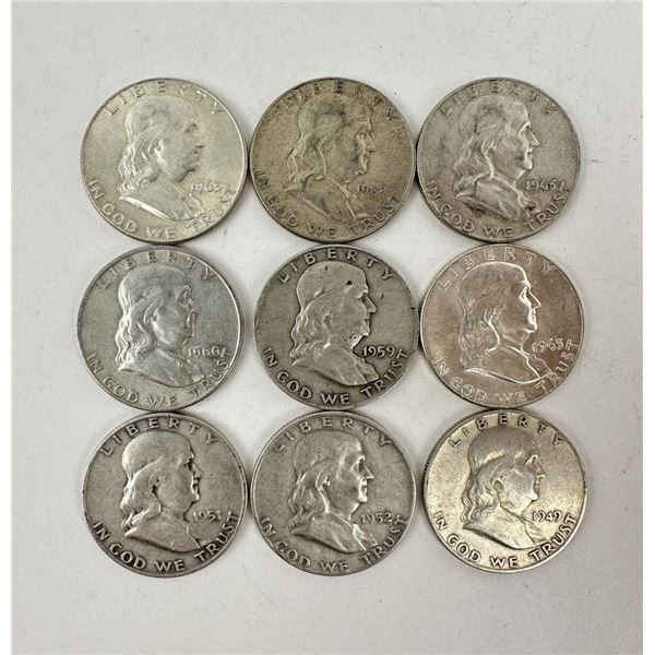 Lot of 9 Franklin Silver Half Dollars