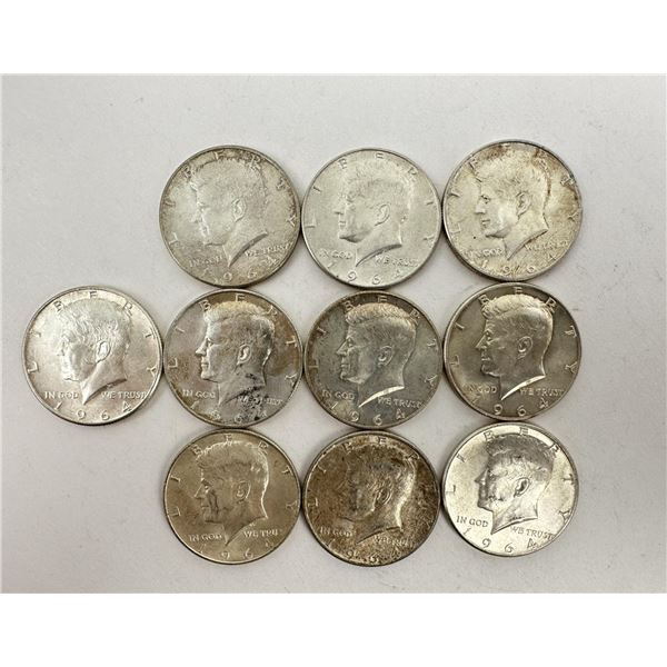 Lot of 10 Kennedy Silver Half Dollars.